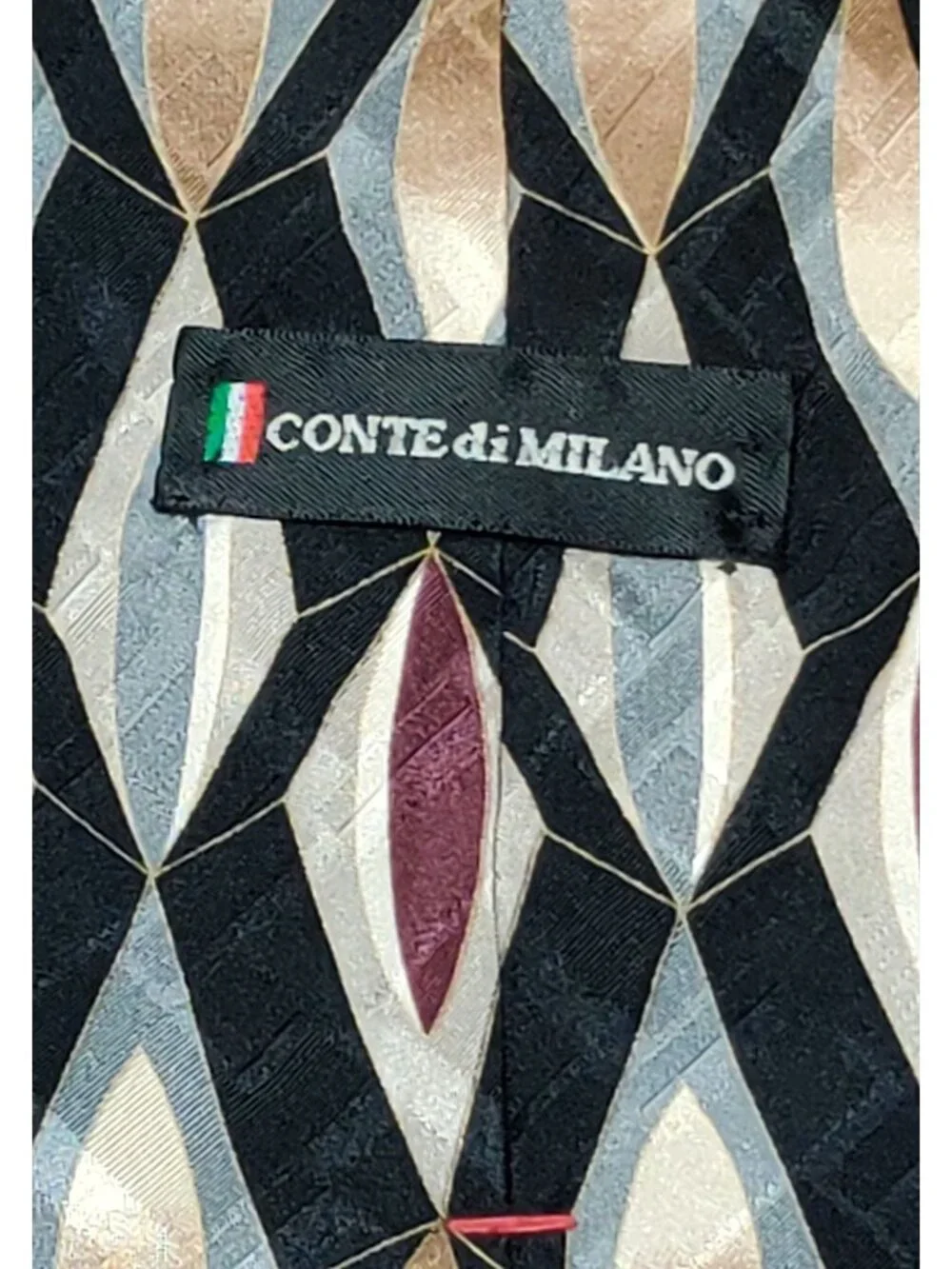 Conte di Milano Tie Black Geometric Burgundy Gold Gray Abstract Retro Vintage